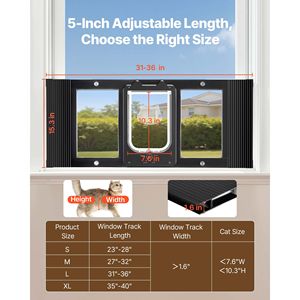 Porta per Gatti Regolabile con Telaio in Alluminio, Vetro ad Alta Trasparenza, 4 Modalità di Chiusura Sicura, Adatta per Finestre con Larghezza 31-36 Pollici - Product Image 2