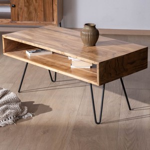 Mesa de centro minimalista Vandana Golden Texture con tablero de acacia y nicho central - Product Image 4