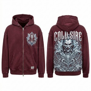 Custom Heavyweight Zip Up Hoodie Men Vintage Acid Wash Fleece Sweatshirt Oversized Drop Shoulder Streetwear 3D Puff Print Hoodie - Product Image 3