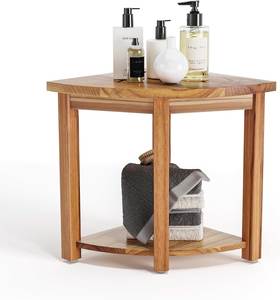 Two Tier Teak Storage Bench Scandinavian Style Restroom Corner Stand - Product Image 1