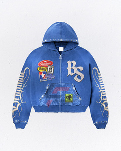 Hoodie surdimensionné à fermeture éclair en coton et polyester, fabrication sur mesure, prix de gros, meilleure qualité, patchwork, délavé à l'acide, avec strass - Product Image 5