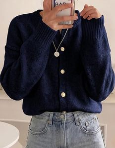 Cardigan en tricot bleu uni à manches longues avec fermeture boutonnée, pull d'automne 100% acrylique, coupe classique - Product Image 6
