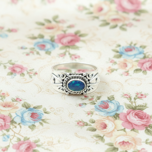 925 Sterling Silver Blue <b>Opal</b> <b>Ring</b> Vintage Floral Engraved Statement <b>Ring</b> Yellow <b>Gold</b> Plated Handmade Jewelry Gift for Women Men - Product Image 6
