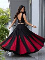 Set Lehenga Choli Wanita Warna Hitam Merah Anggur, Blus Berhias Rumbai, Rok Panjang Melebar, Pakaian Pesta