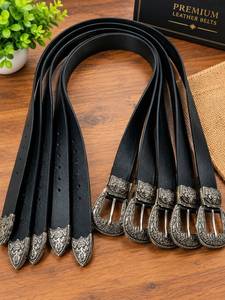 Men's Genuine Cow Hide Leather Western <b>Belt</b> <b>Silver</b> Alloy Pin <b>Buckle</b> Solid Casual - Product Image 1