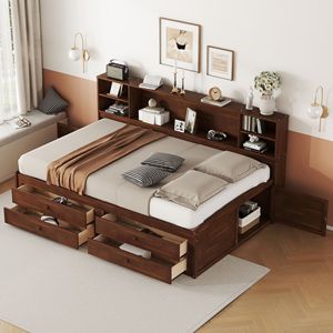 Cama de Madera Estilo Capitán, Tamaño Completo, Color Marrón Antiguo, con Estantes de Almacenamiento Integrados, 4 Cajones y 2 Armarios - Product Image 1