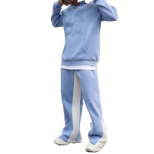 Ensemble deux pièces en polaire bleu clair pour homme, couleur unie, vêtements décontractés d'hiver, sweat-shirt à col rond, bande latérale, séchage rapide, respirant, 100% coton - Product Image 1