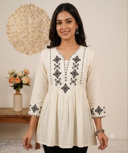 <b>Women</b> Traditional Cotton <b>Kurta</b> Kurti Loose Fit Embroidery Work Midi Length Casual Wear India Pakistan Style 86849 VT-2608 - Product Image 1