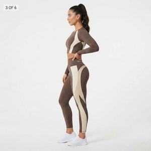 Women <b>Long</b> Sleeve Crop <b>Top</b> High Waist Color Block <b>Leggings</b> Two Piece Fitness Activewear Set - Product Image 5
