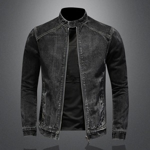 High Quality Vintage Bomber Jacket for Men Black Stand Collar Moto Biker <b>Denim</b> <b>Coat</b> Outerwear made Cotton Canvas Black <b>Denim</b> - Product Image 1