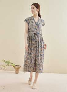 Vestido Casual Holgado sin Cuello con Estampado Floral, Manga Corta, Largo hasta la Rodilla, Tipo Camisero, con Cintura Ajustable, 100% Algodón Tejido, ODM, Ropa de Playa para Verano - Product Image 3