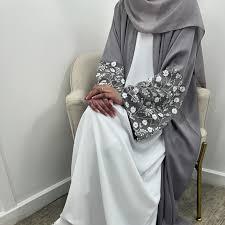 Elegant Gray Abaya With Sequined Embroidery High Neck <b>Long</b> Sleeve Floor Length Modest <b>Dress</b> <b>For</b> Prayer Middle East Style Women - Product Image 1