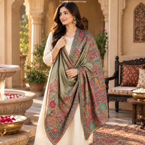 Moonlight Zari Stole Shawl for Women 70×200 cm Elegant Reversible <b>Wool</b> Stole with Multicolor Mughal Antique Zari Border - Product Image 3