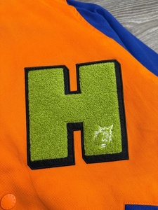 Orange Blue Varsity <b>Jacket</b> Men's Letter H Applique Patch Casual College Style Bomber <b>Jacket</b> Autumn Wear - Product Image 4