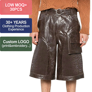Nuevo Diseño Pantalones Cortos Cargo Bermuda de Cuero Sintético Arrugado y Fruncido para Hombre, de Pierna Ancha, Color Marrón Chocolate Sólido, Estilo High Street - Product Image 1