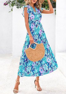 Factory Stock Natural Waist-Defined Maxi <b>Boho</b> Floral <b>Dress</b> Women's <b>Summer</b> V-Neck Vacation Outfit - Product Image 2
