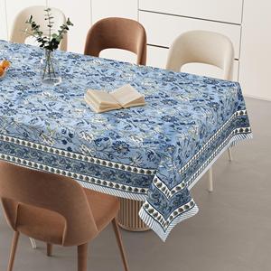 HappyKraft Customized Handmade Floral Block Print Blue Cotton Rectangular <b>Table</b> <b>Cover</b> Eco-Friendly Rajasthan for Home Hotel Use - Product Image 1