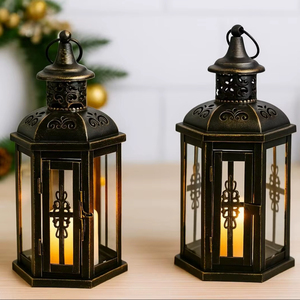 Juego de 2 Faroles de Metal Negro de Diseño, Ideales para Decoración de Mesa Auxiliar, Sala de Estar, Balcón y Jardín, Estilo Indio - Product Image 1