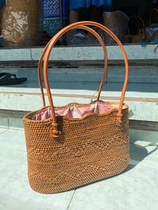 Indonesian's Best Seller Vintage Natural <b>Straw</b> Flap Cross-Body Tote Bag Leather Handles Open Top Casual Women's <b>Handbag</b> Durable - Product Image 2