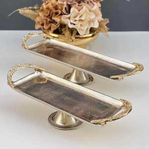 Elegant Silver Rectangular Pedestal Serving <b>Tray</b> with Gold Textured Handles Luxury Footed Dessert Platter For Wedding <b>Party</b> - Product Image 1