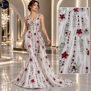 Tela Ornamental para Vestidos con Diseño Floral Rojo Rubí, Adornada con Cuentas de Cristal y Lentejuelas |   Tela Decorativa para Vestidos de Novia y Trajes de Noche - Product Image 2