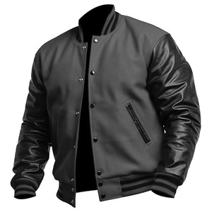 แจ็คเก็ต Varsity Letterman สำหรับโรงเรียนมัธยมและมหาวิทยาลัย ทรงบอมเบอร์เรียบง่าย ผ้าขนสัตว์เนื้อบาง คอปกมีฮู้ด แขนหนัง - Product Image 1