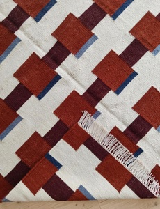 Handwoven <b>wool</b> kilim rug with <b>red</b> geometric block pattern on ivory base, modern design, durable, lightweight, - Product Image 2
