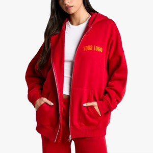 Wholesale Hot Selling Winter Knitted Custom Printed Oversize Zip Front Kangaroo Pocket Women's Hoodies Sweatshirts Drawstring - Product Image 3