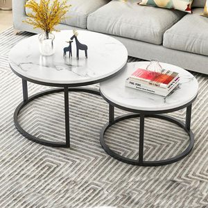 Modern <b>Round</b> Nesting Console <b>Tables</b> Black Metal Frame <b>White</b> Top Accent Coffee <b>Table</b> Set for Living Room Cafe - Product Image 2