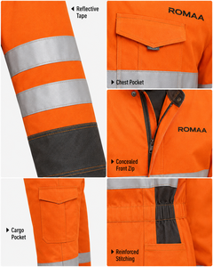 Orange Black Hi Vis Industrial Work Coverall Heavy Duty Reflective Mechanic <b>Overall</b> Utility Pockets Elastic Waist Spandex - Product Image 3