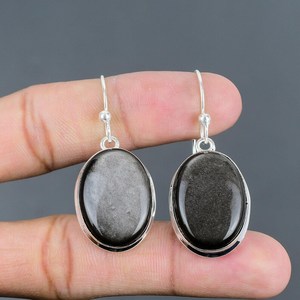 Boucles d'oreilles de luxe faites à la main en obsidienne argentée, en argent sterling 925 avec sertissage clos, bijoux de mode uniques et élégants pour anniversaire et soirée - Product Image 6