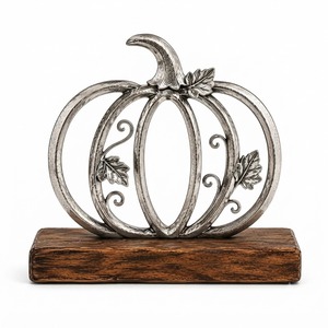 Objeto Decorativo de Calabaza Plateada sobre Base de Madera, Decoración Rústica Otoñal para Mesa, Adorno para Acción de Gracias - Product Image 1