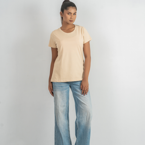 <b>Women's</b> <b>Cream</b> Solid Color round Neck Short Sleeve <b>T</b>-<b>Shirt</b> Regular Fit 100% combed Cotton Jersey Casual Style All Seasons Wear - Product Image 1