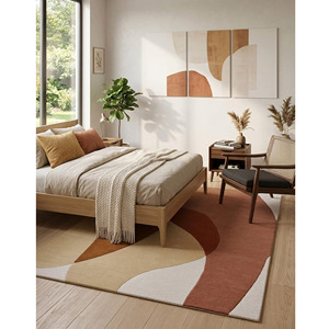 Tapis abstrait en laine 100% tufté à la main, antidérapant, en microfibre douce |   Tapis ondulé bohème aux tons terre, lavable en machine - Product Image 5