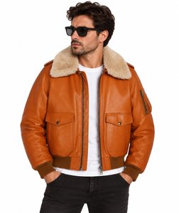 Blouson aviateur en cuir véritable pour homme, col en fausse fourrure, imperméable, respirant, style moto, coupe régulière, épais, coupe-vent, hiver - Product Image 1