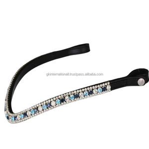 Frontal de cheval en cuir véritable, orné de saphirs noirs personnalisés, de cristaux blancs et de strass Diamante, disponible en toutes tailles Cob. - Product Image 1