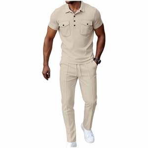 Ensemble décontracté 2 pièces pour homme : Polo à manches courtes et pantalon en coton gaufré 100% éponge 240 GSM, tricoté, tenue élégante avec poches - Product Image 1