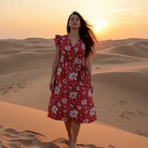 Robe portefeuille tissée naturelle à manches flottantes pour femmes avec un design élégant et lavable en machine. - Product Image 6