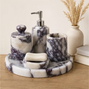 Ensemble d'accessoires de salle de bain en marbre naturel de luxe, ensemble en pierre artisanal avec distributeur de savon, plateau et pot pour la décoration moderne des hôtels et des maisons - Product Image 4