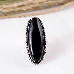 SHYAM JEWELRS Long Nanette Black Onyx Silver Antique Large Gemstone <b>Statement</b> <b>Ring</b> Tribal Scalloped Edge Design Boho Hippie - Product Image 2