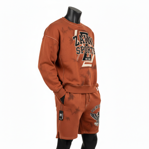 Ensemble sweat-shirt et short pour homme en molleton de coton et polyester de qualité supérieure, brun délavé à l'acide, avec impression personnalisée du logo. - Product Image 4