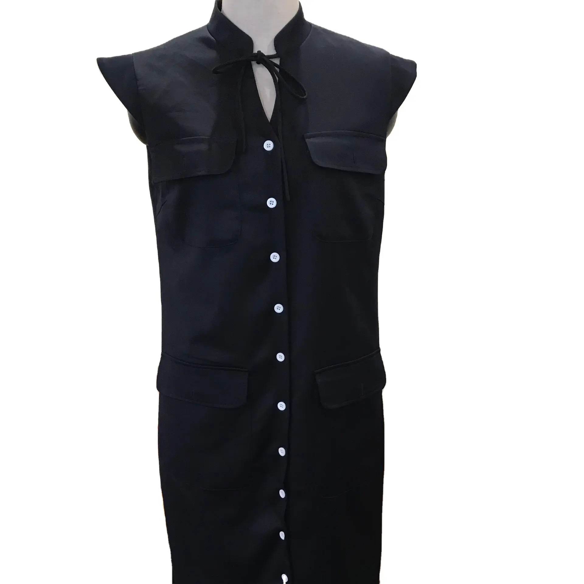 Wholesale Price From IAT Garment Factory Sleeveless Pockets Single Breasted Navy Color Dress Women Office Dress