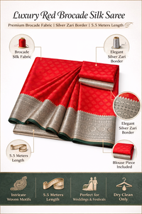 Sari de Seda Brocada Roja Intensa con Borde de Zari Plateado, Tejido Tradicional Banarasi, Protección Solar para Bodas y Eventos Festivos - Product Image 6
