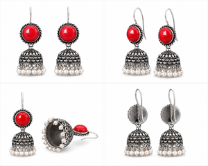 Boucles d'oreilles Jhumka vintage rouges oxydées avec pampilles de perles, bijoux indiens traditionnels, fabricant en gros - Product Image 5