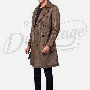 Abrigo de Cuero Genuino Marrón Personalizado para Hombre, Estilo Británico Clásico, Corte Entallado, Chaqueta de Invierno Larga con Doble Botonadura - Product Image 4