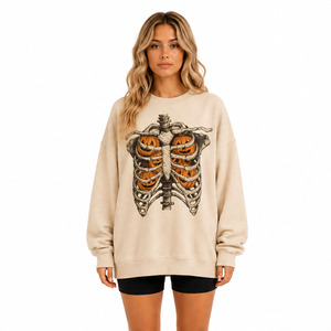 Women's Oversized Crew Neck Sweatshirt With <b>Skeleton</b> <b>Pumpkin</b> Print Autumn Halloween Style 100% Cotton Long Sleeve Pullover - Product Image 1