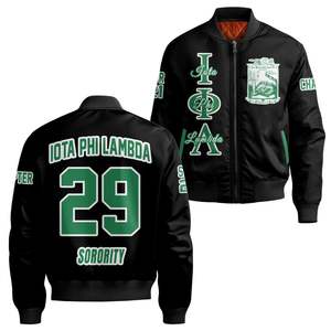 Veste bomber personnalisée Iota Phi Lambda pour femmes, noire, avec inscription grecque et blason sur le devant et le dos, fermeture éclair intégrale - Product Image 4
