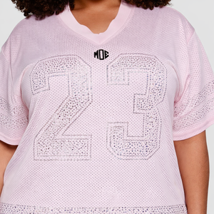 Maillot de football américain rose tendance avec strass surdimensionnés, unisexe, col en V, maille respirante, streetwear, 100 % polyester, vente en gros OEM - Product Image 3
