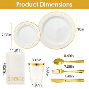 175 pezzi Set di stoviglie monouso oro oro cerchio piatti di plastica tazze cucchiaio forchetta coltello tovaglioli di carta per festa di laurea di nozze - Product Image 6