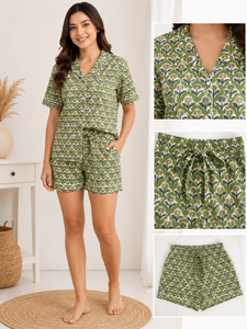 Conjunto de Pijama de Algodón para Mujer con Estampado Floral Verde, Hecho a Mano, Pantalones Cortos, Ropa de Dormir Suave para Mujer - Product Image 2